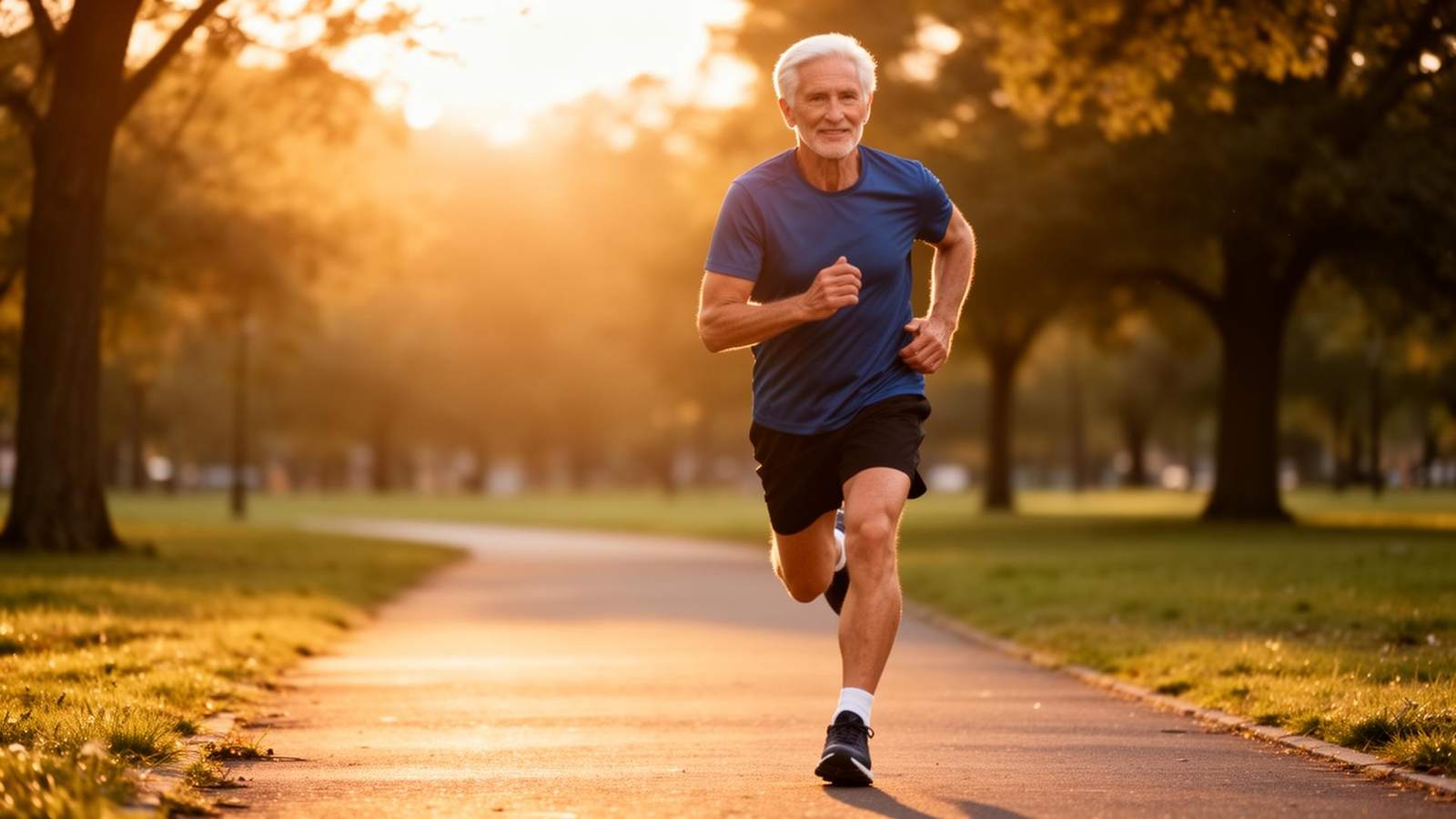 Active older adult jogging at golden hour