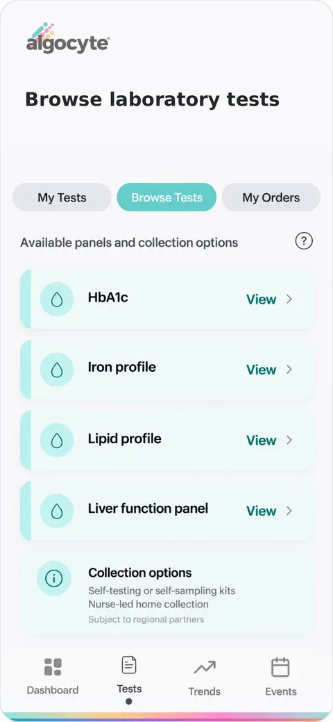 Illustrative laboratory-panel catalogue with test options and available collection routes