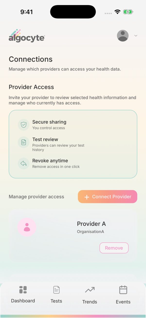Algocyte HealthHub Connections screen for managing provider access