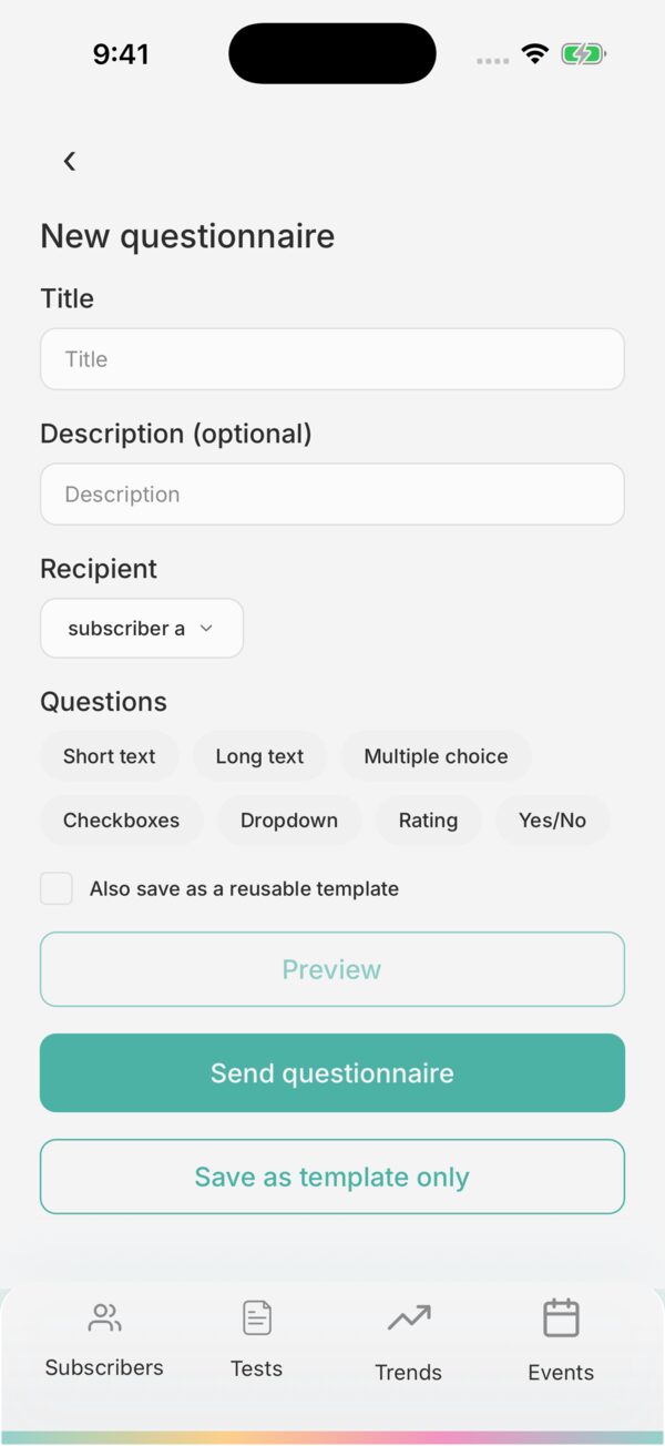 Algocyte HealthHub New questionnaire screen for building and sending questions