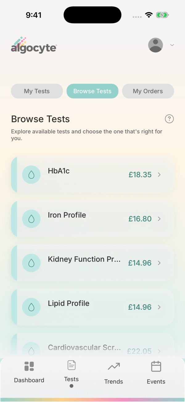 Algocyte HealthHub Browse Tests screen listing laboratory tests with prices