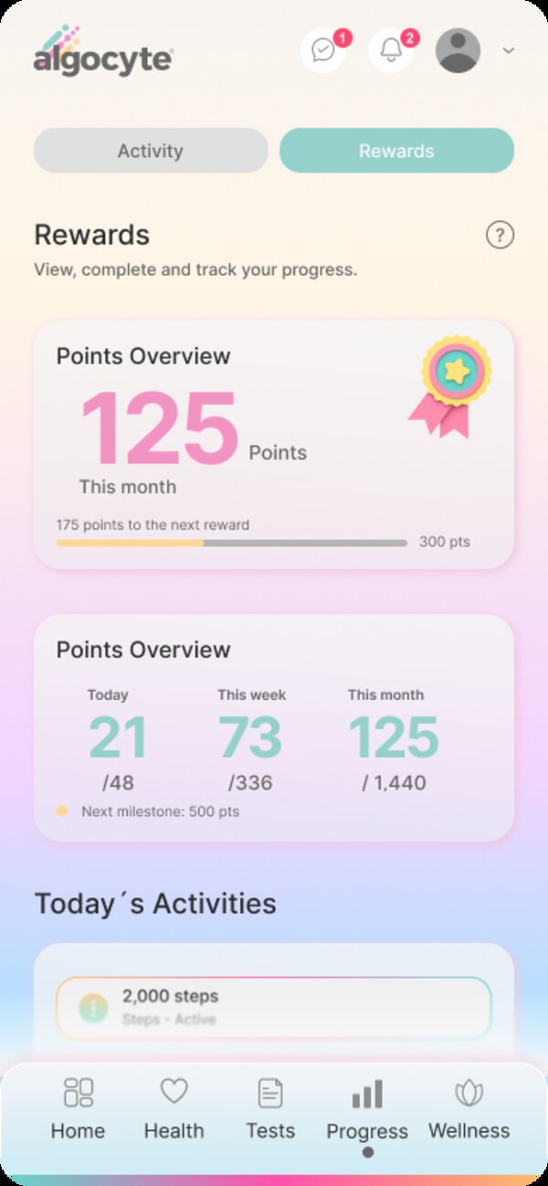 Algocyte HealthHub Rewards screen with points overview and today's activities