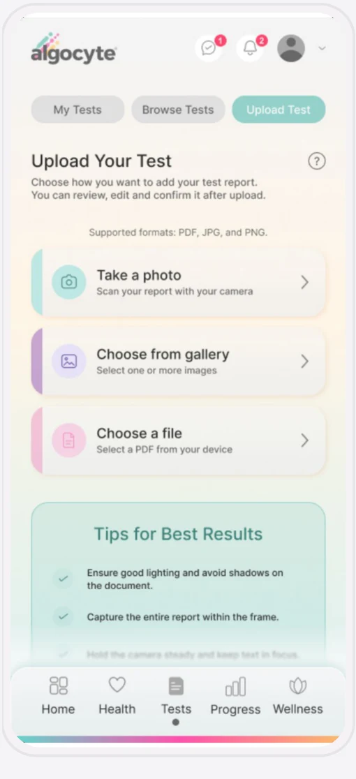 Algocyte HealthHub Upload Your Test screen with options to take a photo, choose from gallery or choose a file