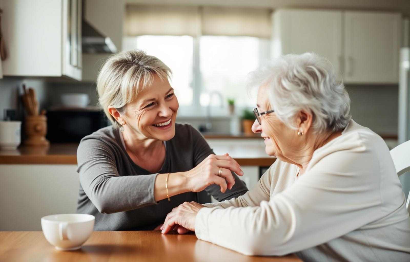 Adult daughter with her elderly mother at home